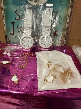 White Heart Necklace & Earrings Set with Matching White Watch – Gift Bundle